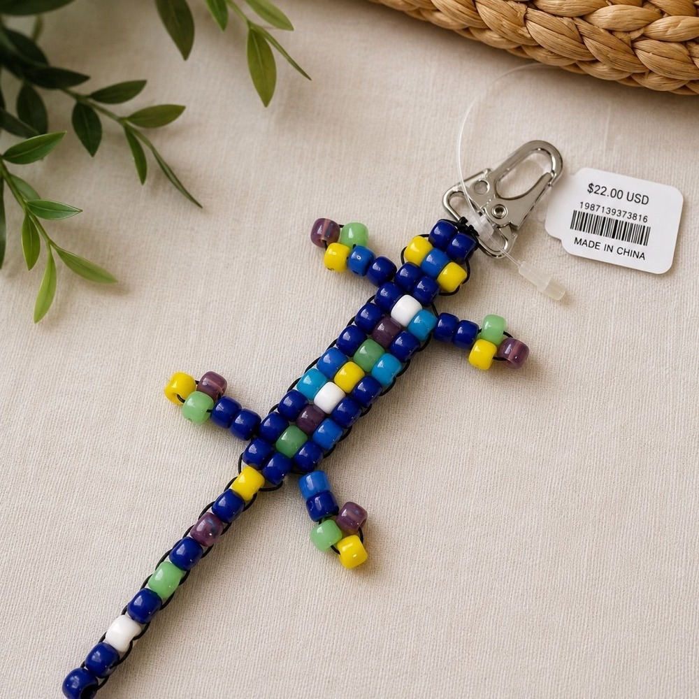 Free People Beaded Lizard Bag Charm Keychain Blue Multicolor Boho Festival